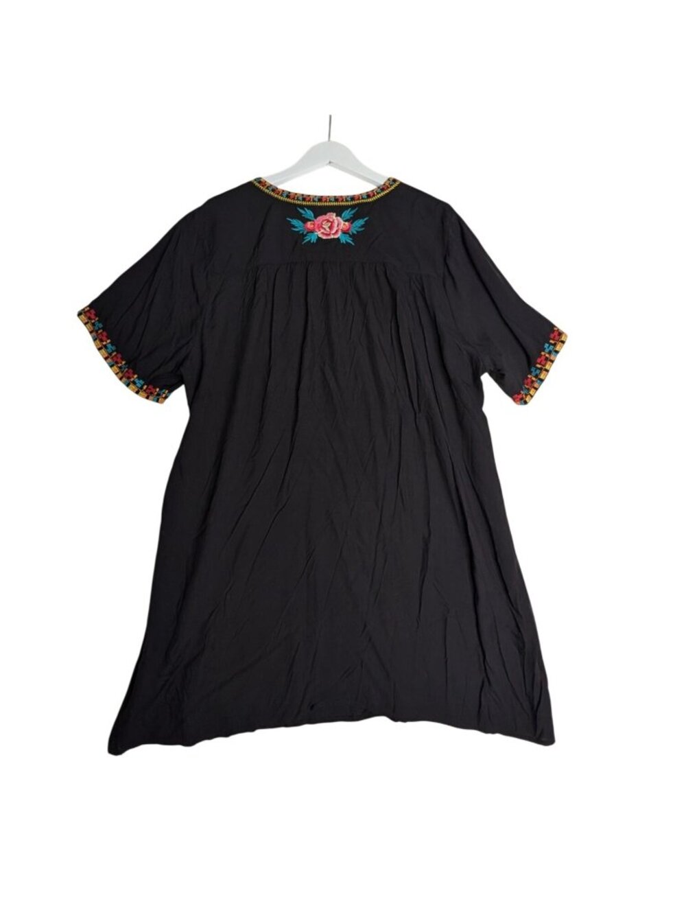 Boho Embroidered Black Mini Dress V Neck Short Sleeve Floral Casual Peasant XL S - Picture 13 of 13